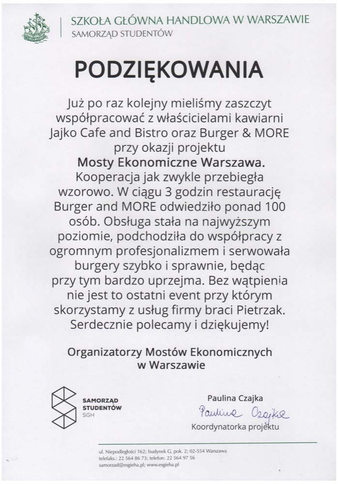 Podziękowania za zorganizowanie cateringu od SGH dla Jajko Bistro&Cafe - catering Warszawa